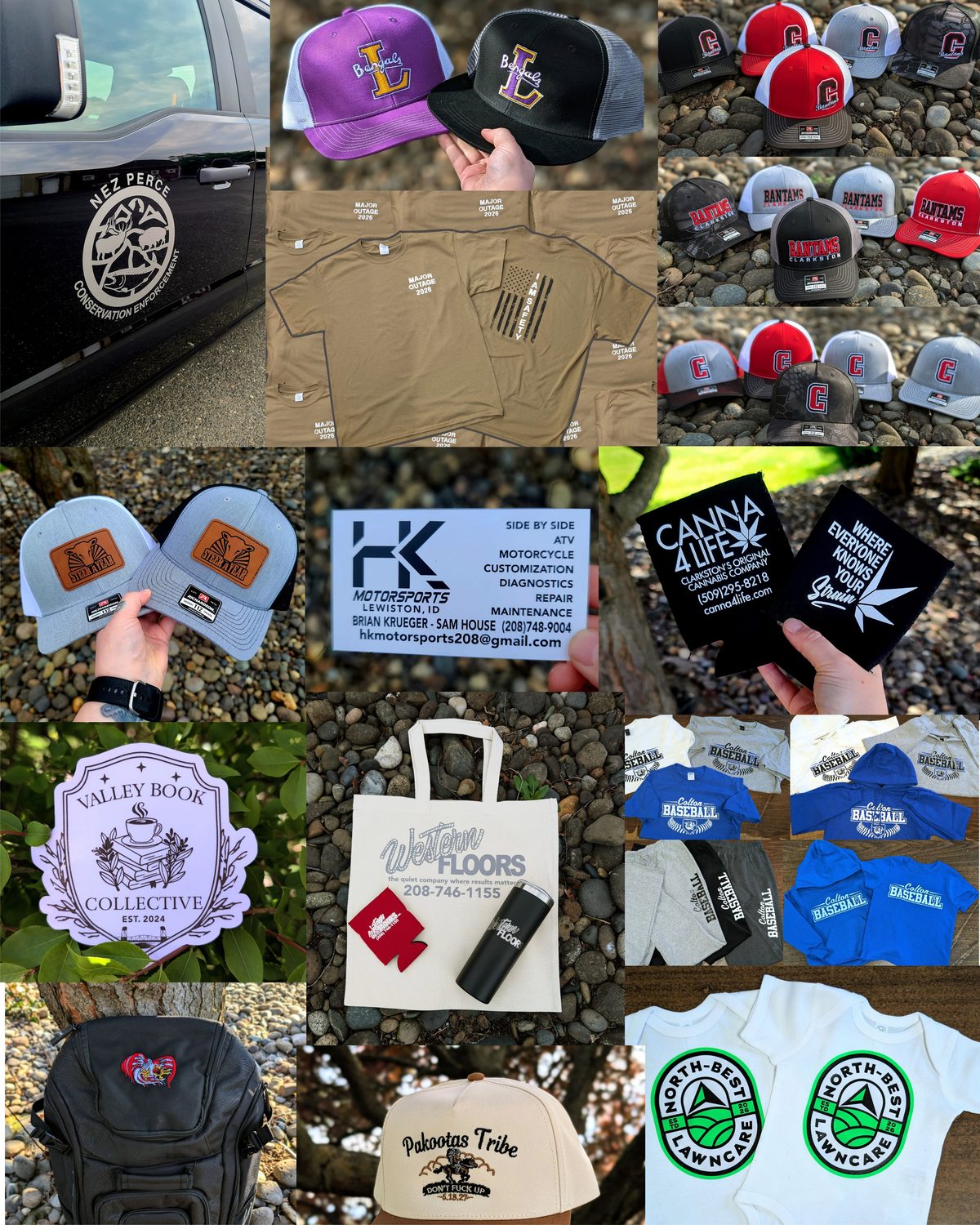Collage of finished work from North West Design — embroidered hats and jackets, screen-printed tees, koozies, stickers, totes, and signs